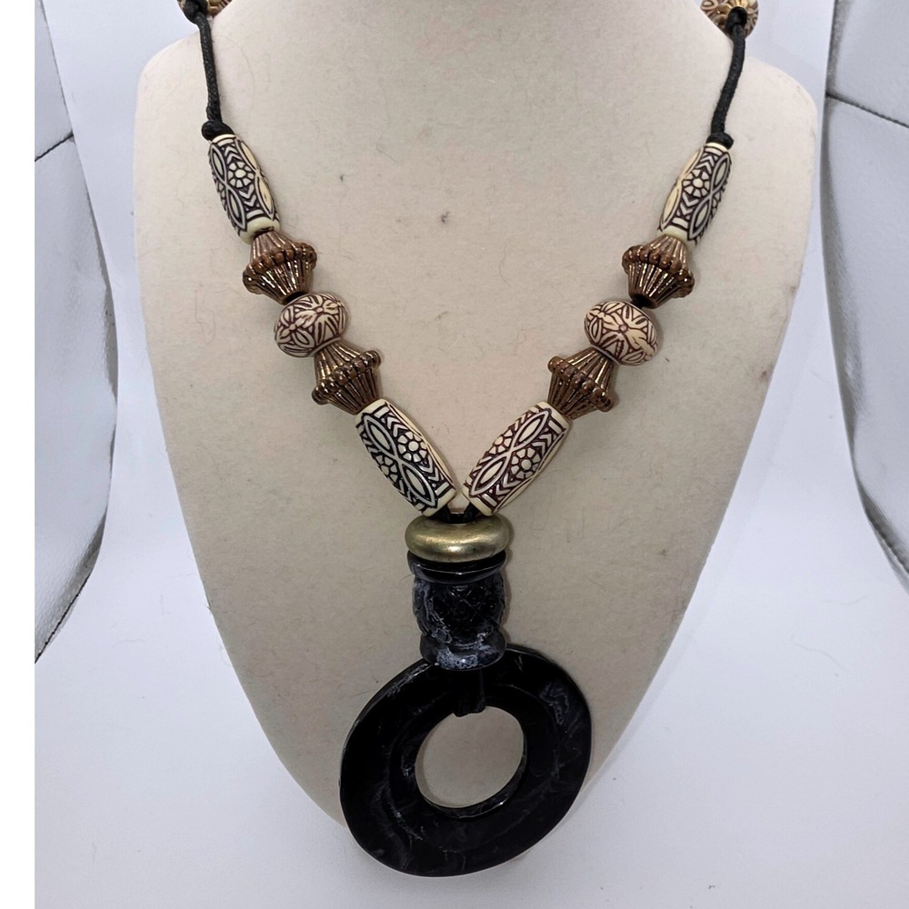 Unbranded Horn Beaded Necklace Black Cord Ethnic Donut Pendant Vintage